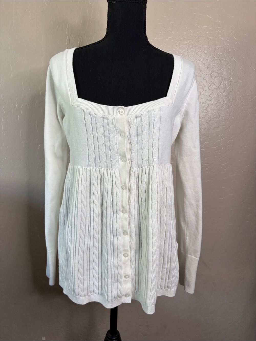 Hollister White Square Neck Cable Knit Button-Front Cardigan